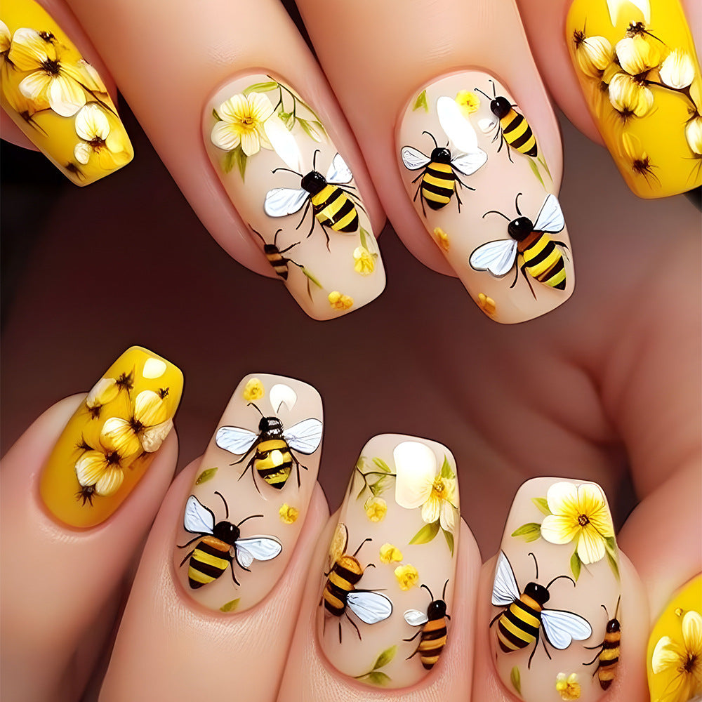 Siopsrl | Artificial nails with bee and flower design Siopsrl