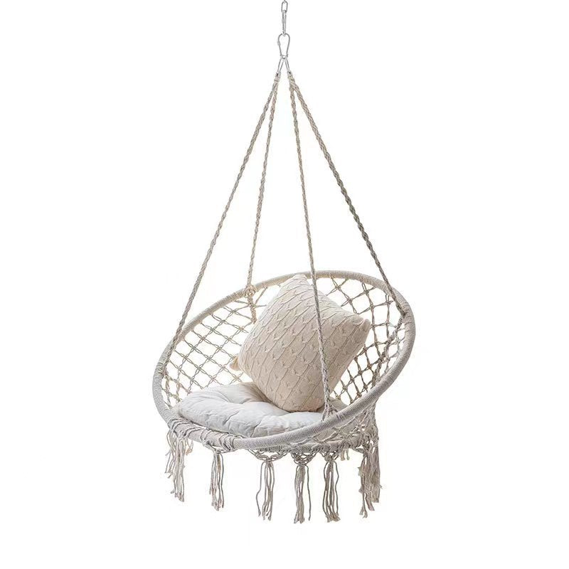 Boho macrame hanging swing chair with faux fur cushion and fringe Siopsrl