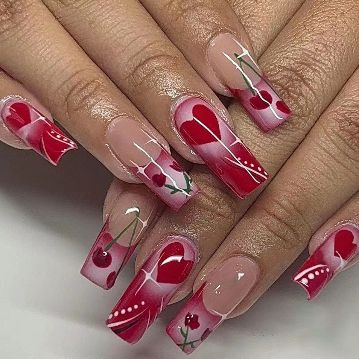 Siopsrl | Artificial nails with romantic heart and cherry design Siopsrl