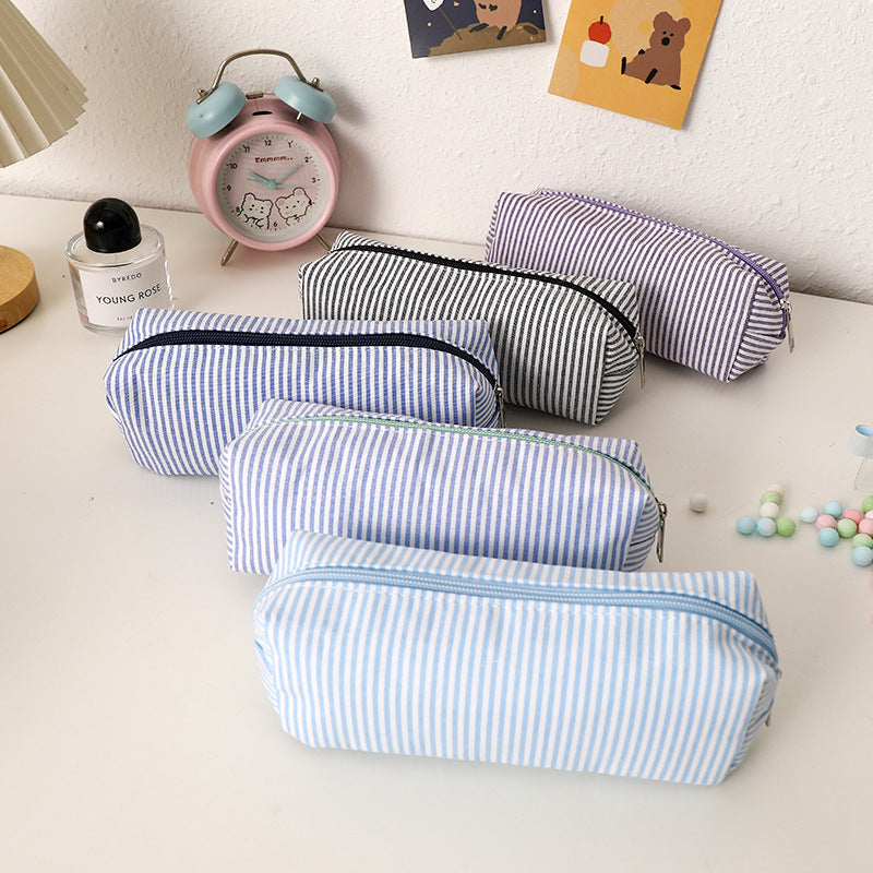 Striped Canvas Pencil Case and Stationery Organizer with Top Zipper Siopsrl