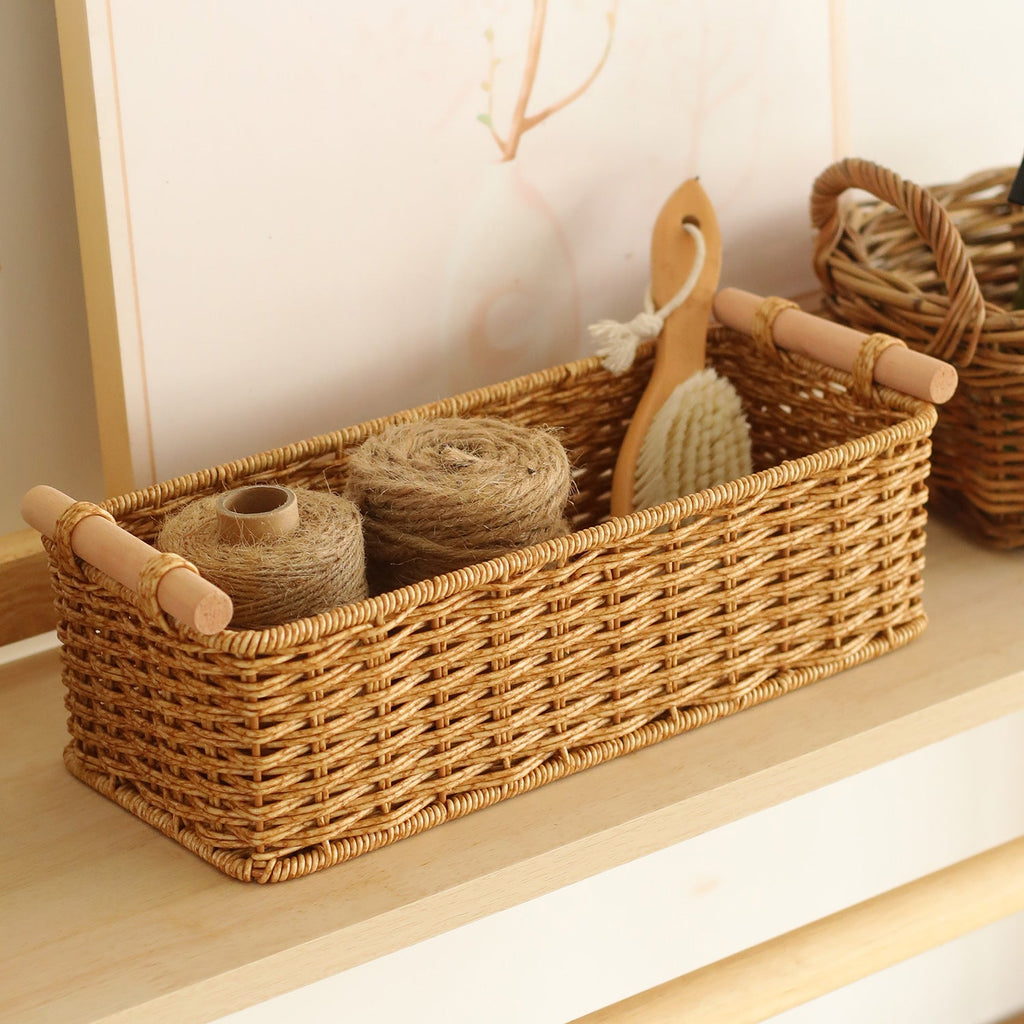 Rectangular Woven Storage Basket with Wooden Handles