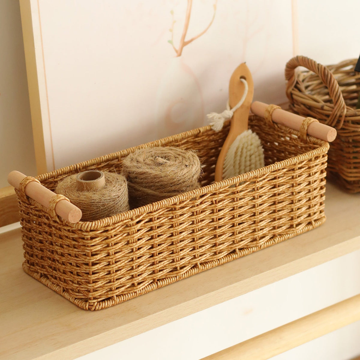 Rectangular Woven Storage Basket with Wooden Handles