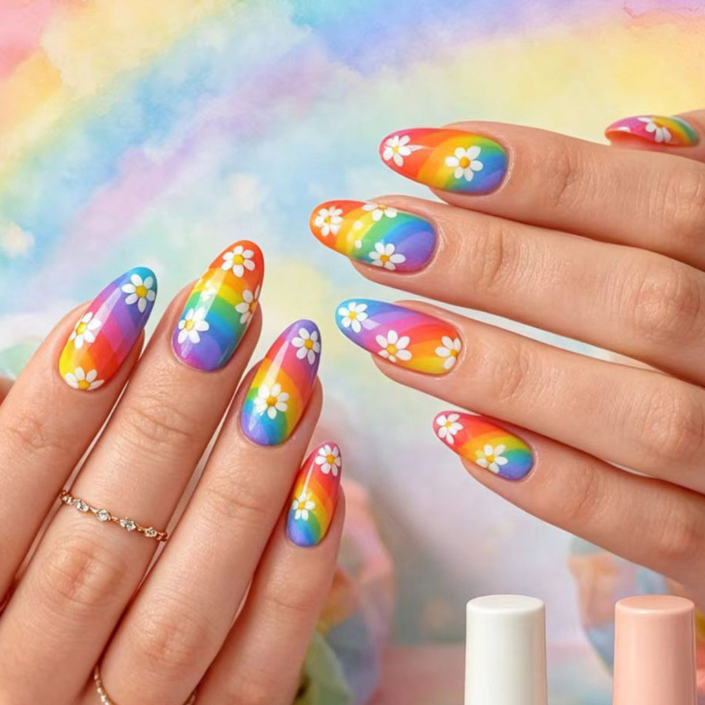 Siopsrl | Creative Nail Art with Colorful Rainbow Design and Playful Flower Motifs Siopsrl
