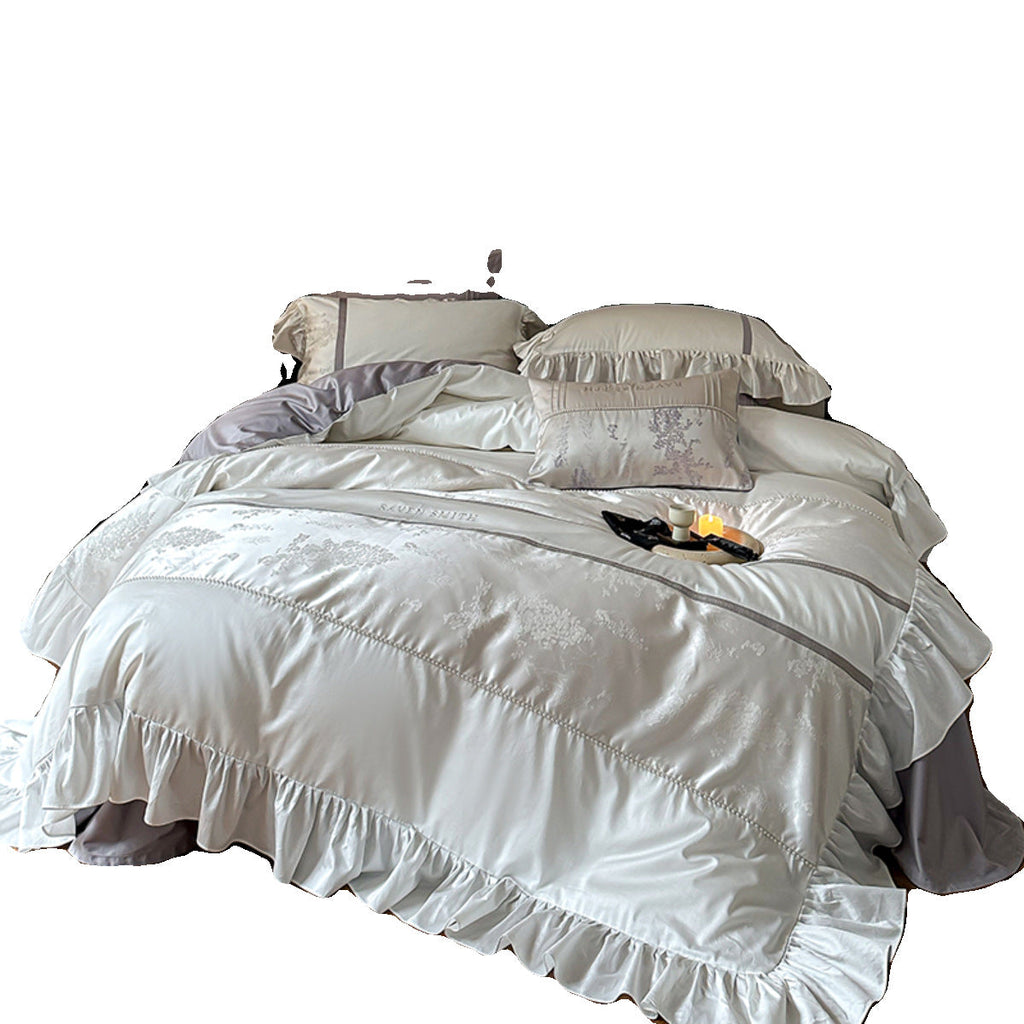Elegant satin bed set with ruffled trim, fine jacquard and decorative pillow