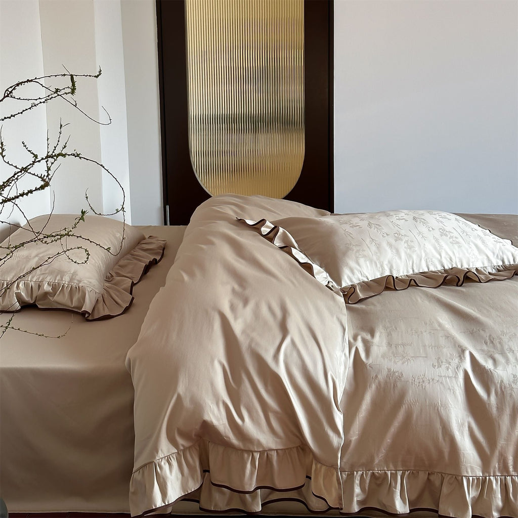 Luxurious satin bedding with floral jacquard and contrast piping