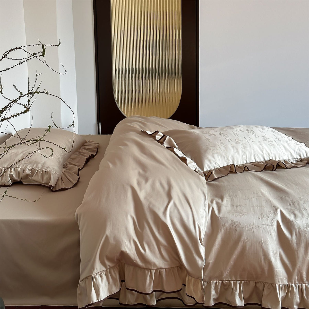 Luxurious satin bedding with floral jacquard and contrast piping