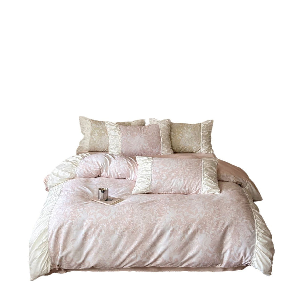 Luxurious satin bedding set with ruffles and floral jacquard Bowlift