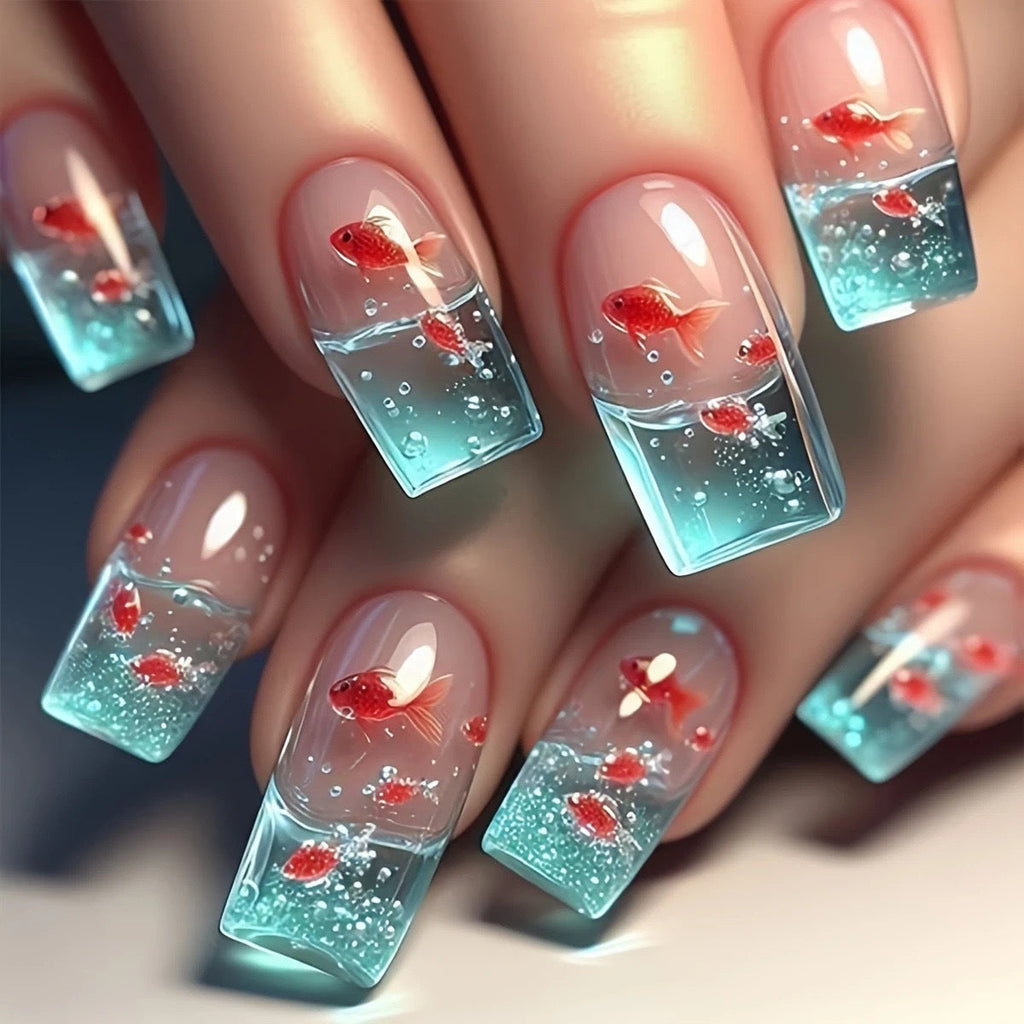 Siopsrl | Artifical nails with maritime goldfish design Siopsrl