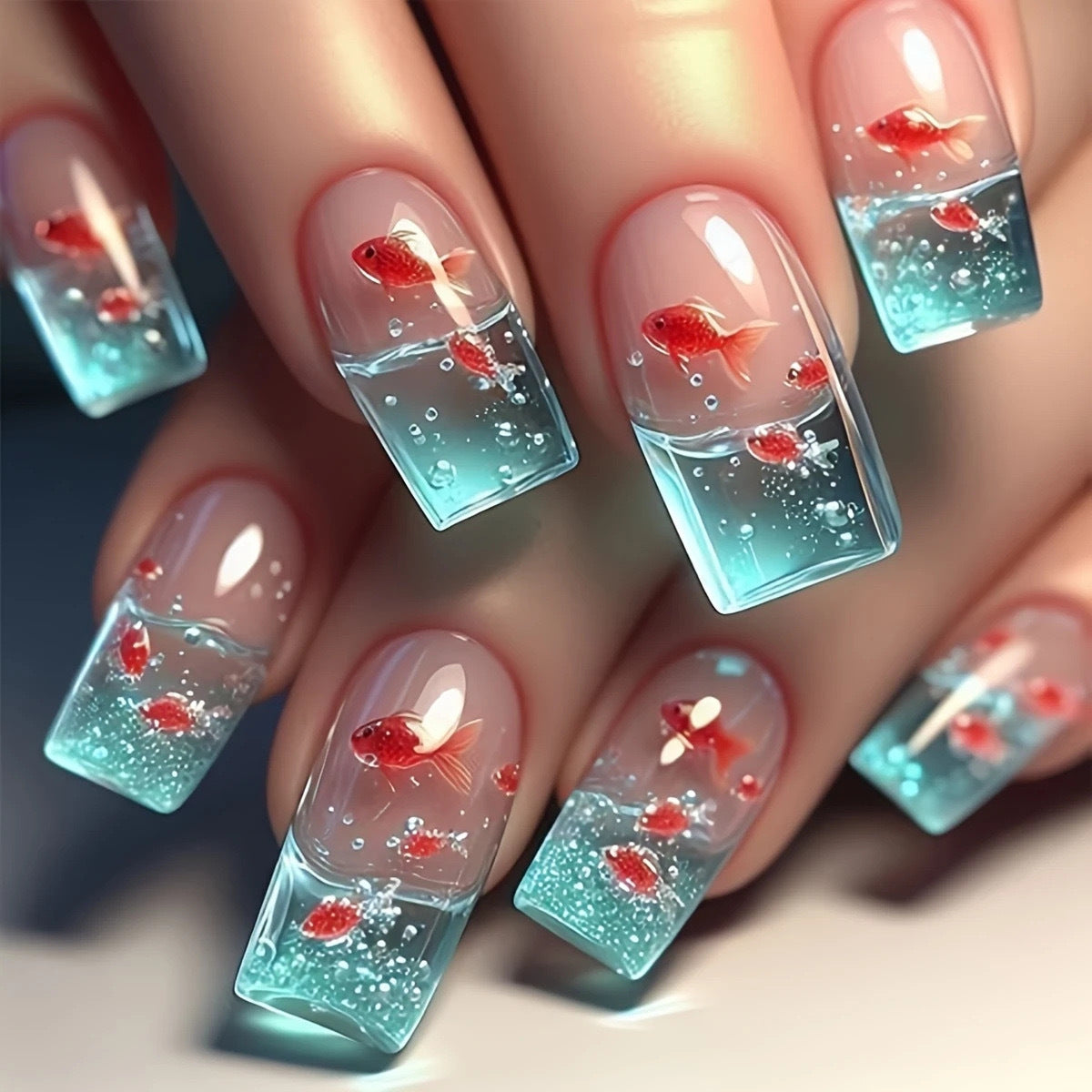 Siopsrl | Artifical nails with maritime goldfish design Siopsrl
