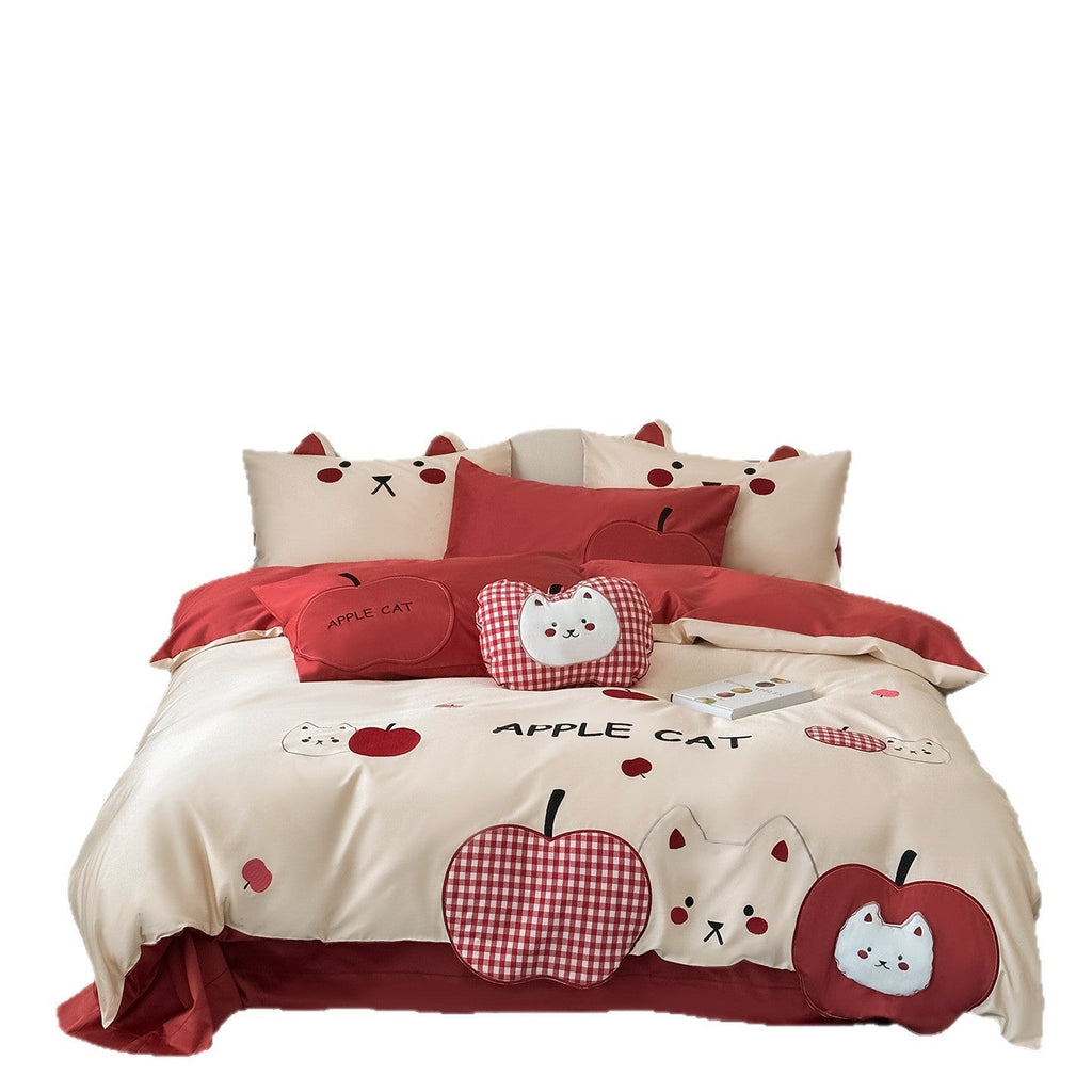 Children's bedding set with apple cat appliqués and quilted decorative pillowcase Bowlift