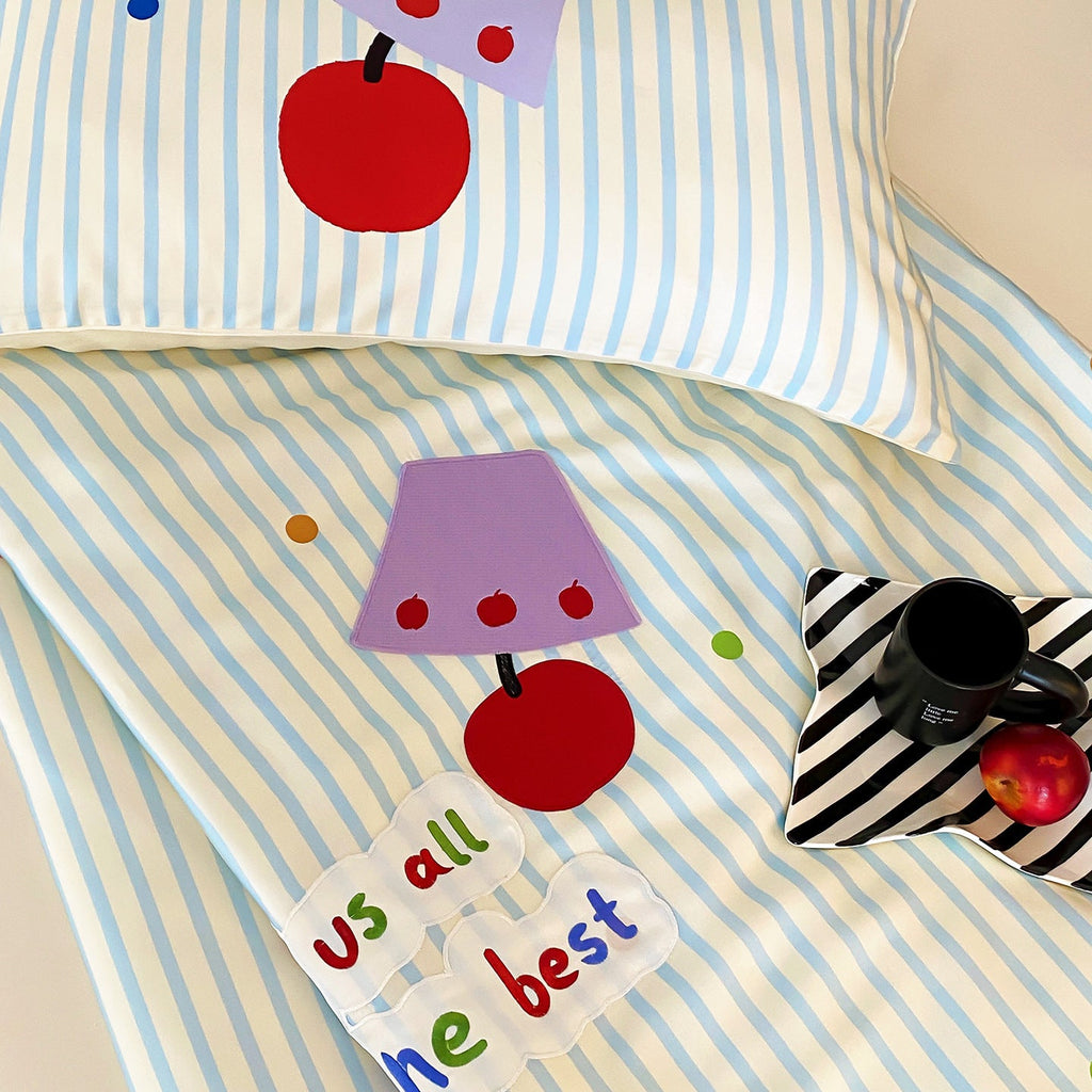 Bedding set with striped cotton satin and cherry print Bowlift