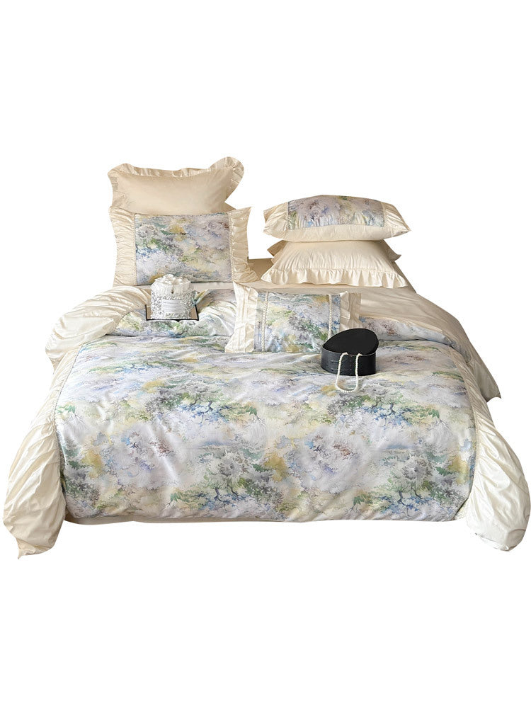 Luxurious satin bedding set with ruffles and watercolor floral pattern