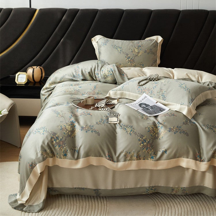 Luxurious satin bedding set with geometric jacquard pattern and satin trim Bowlift