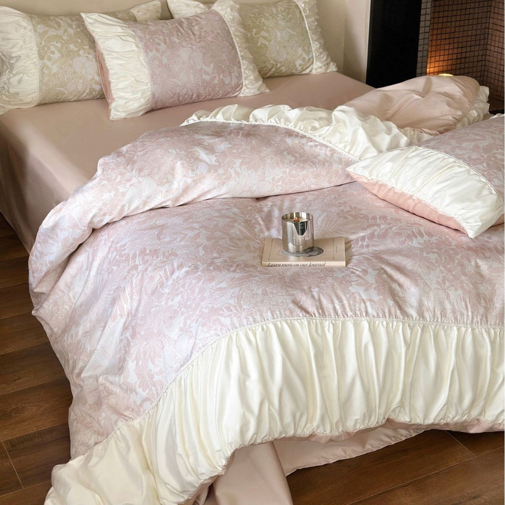 Luxurious satin bedding set with ruffles and floral jacquard Bowlift