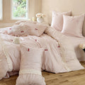 Luxurious satin bedding set with gathered ruffle, cherry embroidery and decorative pillow