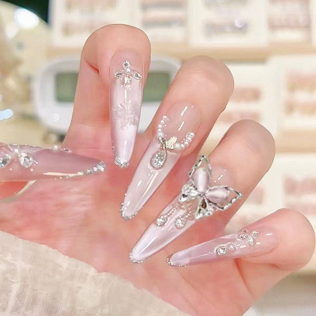 Siopsrl | Decorative Press-On Nails with Gem Accents Siopsrl