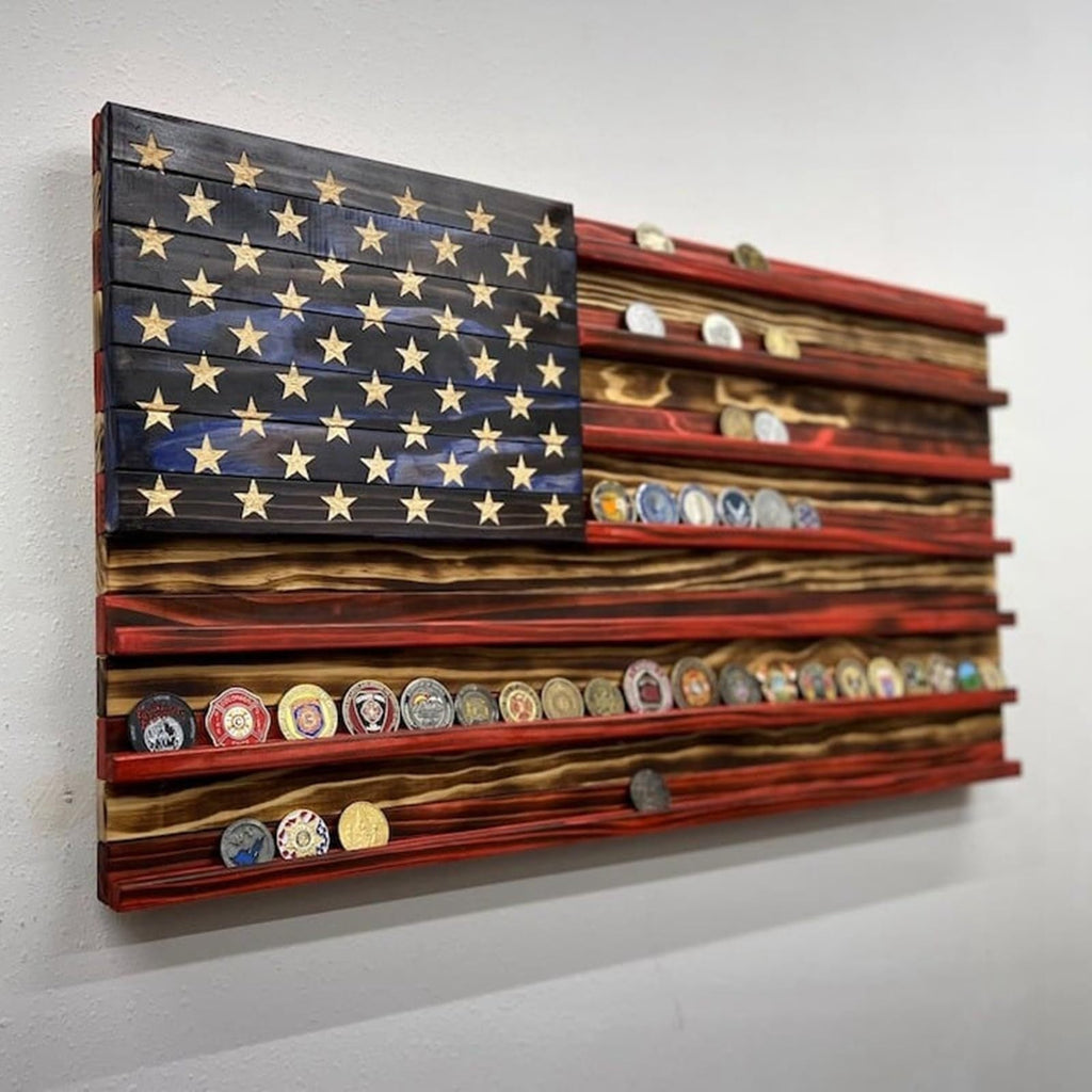Unisex nan wall showcase for challenge coins in flag design made of rustic solid wood Siopsrl
