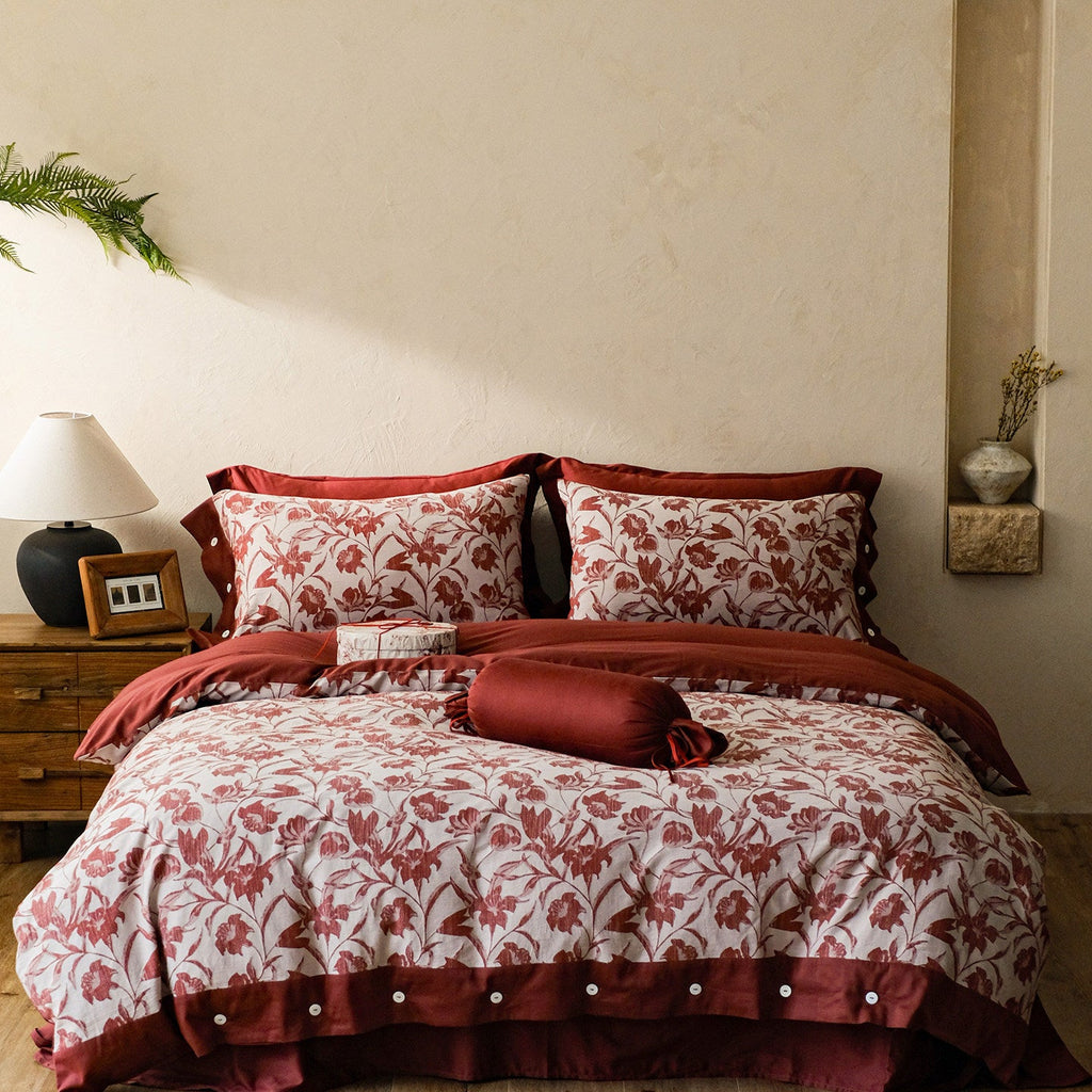 Woven bedding set made of cotton-linen mix with decorative floral jacquard and fine pillow trim