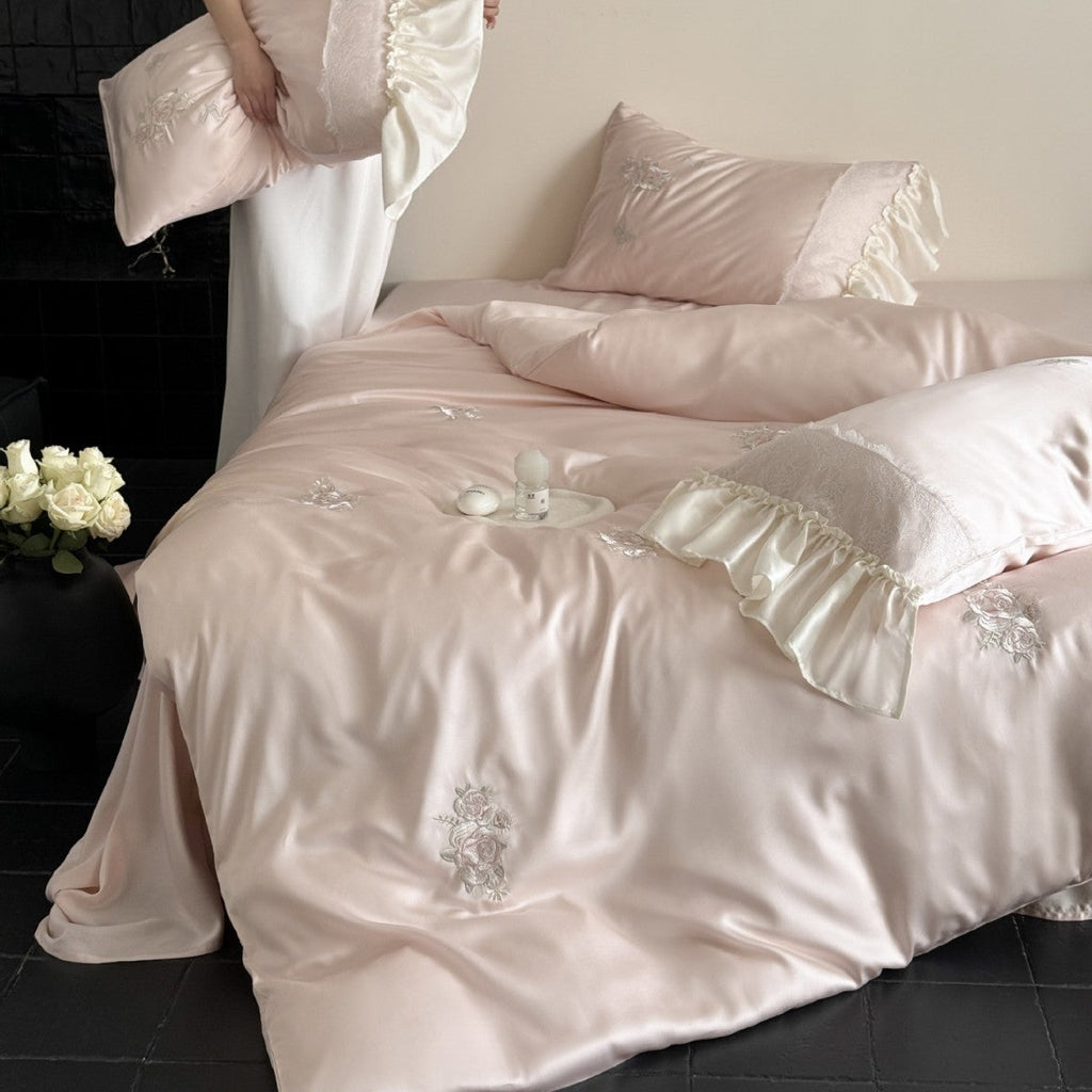 Luxurious satin bedding set with ruffles and embroidery Bowlift