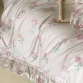Luxurious satin bedding set with delicate rose pattern and ruffled hem