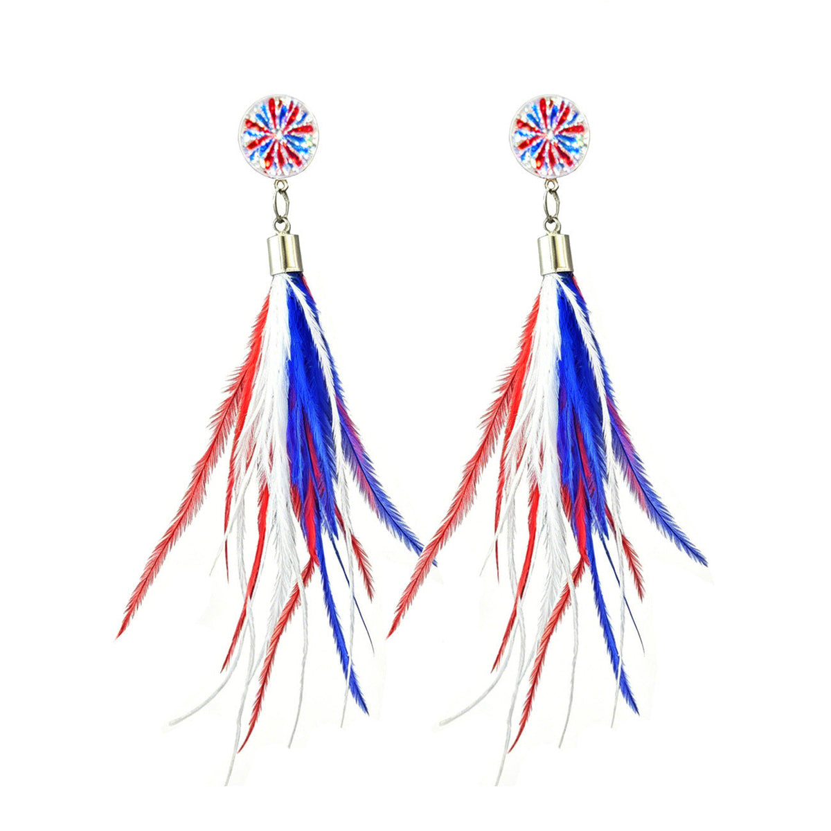 Siopsrl | Ladies long feather earrings with tassels, round cabochon stud and nickel-free setting Siopsrl