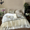 Satin bedding set with ruffled bed skirt and vintage toile print