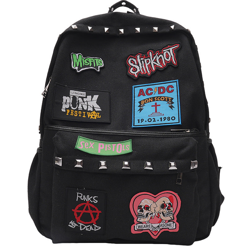 Siopsrl | Punk-Inspired Graphic Patch School Backpack Siopsrl