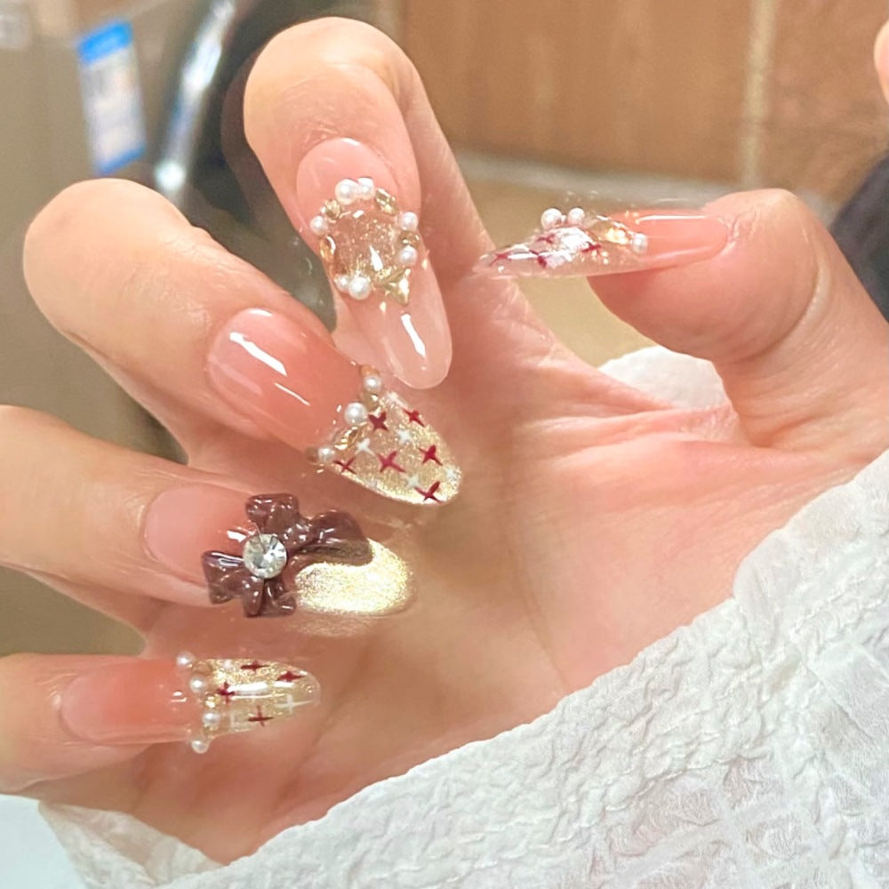Siopsrl | Decorative Bow and Gemstone Press-On Nails Siopsrl