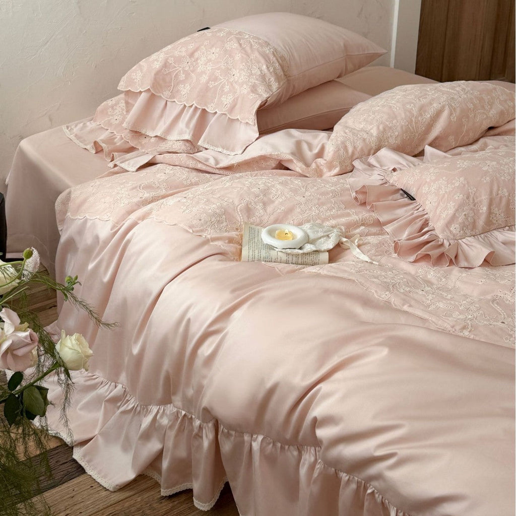 Romantic satin bedding set with lace trim and ruffled pillow Bowlift