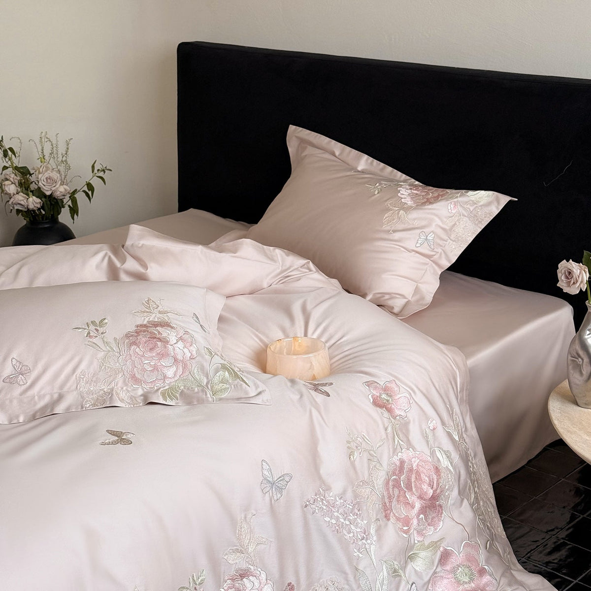 Luxurious satin bedding set with floral embroidery and silk-soft finish Bowlift