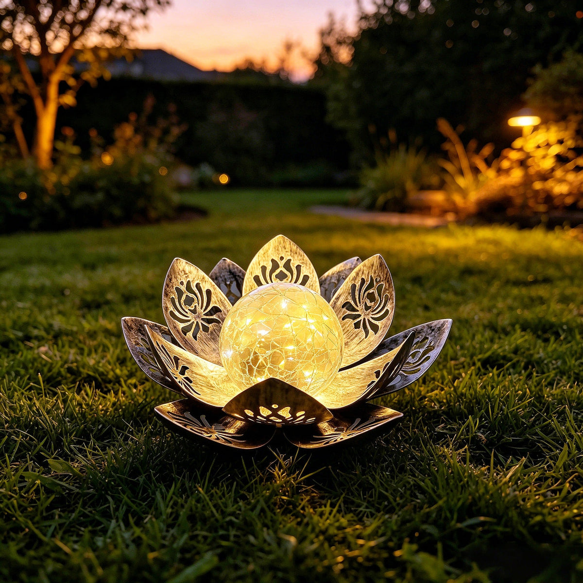 Decorative Solar Lotus LED Garden Lantern With Crackle Glass Globe And Laser-Cut Metal Petals Siopsrl