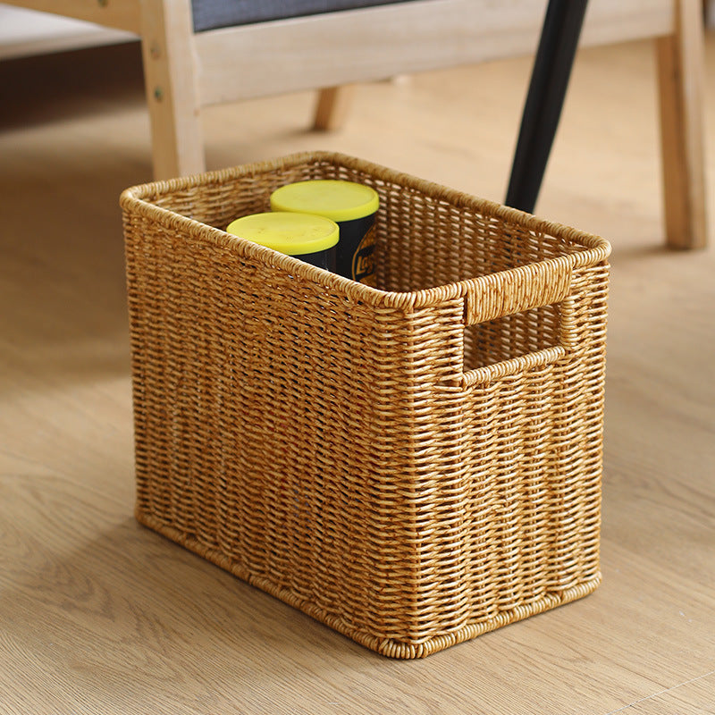 Handwoven Rectangular Storage Basket with Cutout Handles Rectangular Woven Design