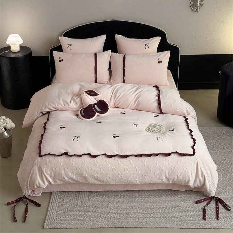 Reversible cotton satin bedding set with embroidered cherry, delicate frill and decorative bows Bowlift