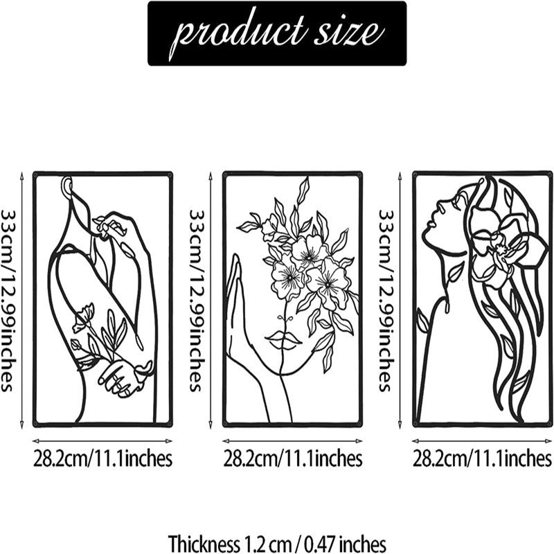 Minimalist Metal Line Art Floral Portrait Triptych Wall Panels Siopsrl