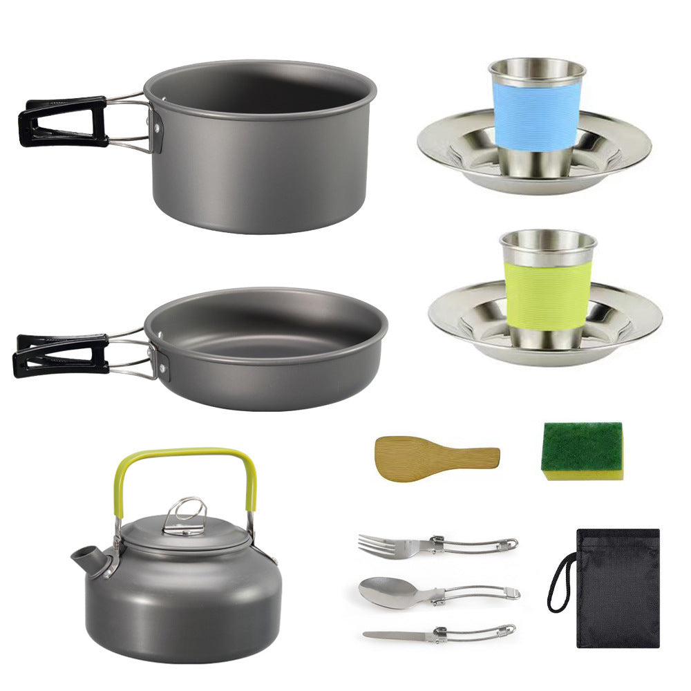 Siopsrl | lightweight hard-anodized camping cookware set with folding handles compact kettle and stainless cup plates Siopsrl