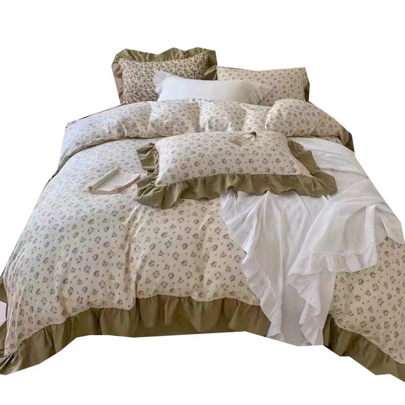 Romantic bed linen complete set made of cotton percale with delicate floral print, ruffle trim, and silky-matte finish