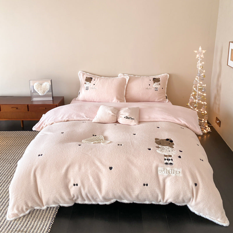cozy plush bedding set with bear embroidery