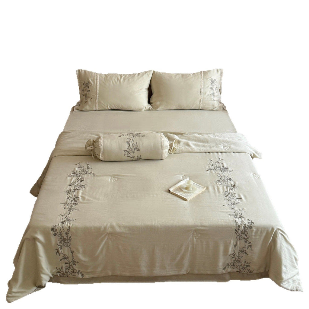 Elegant bedding set made of cotton satin with floral embroidered border and decorative roll cushion Bowlift