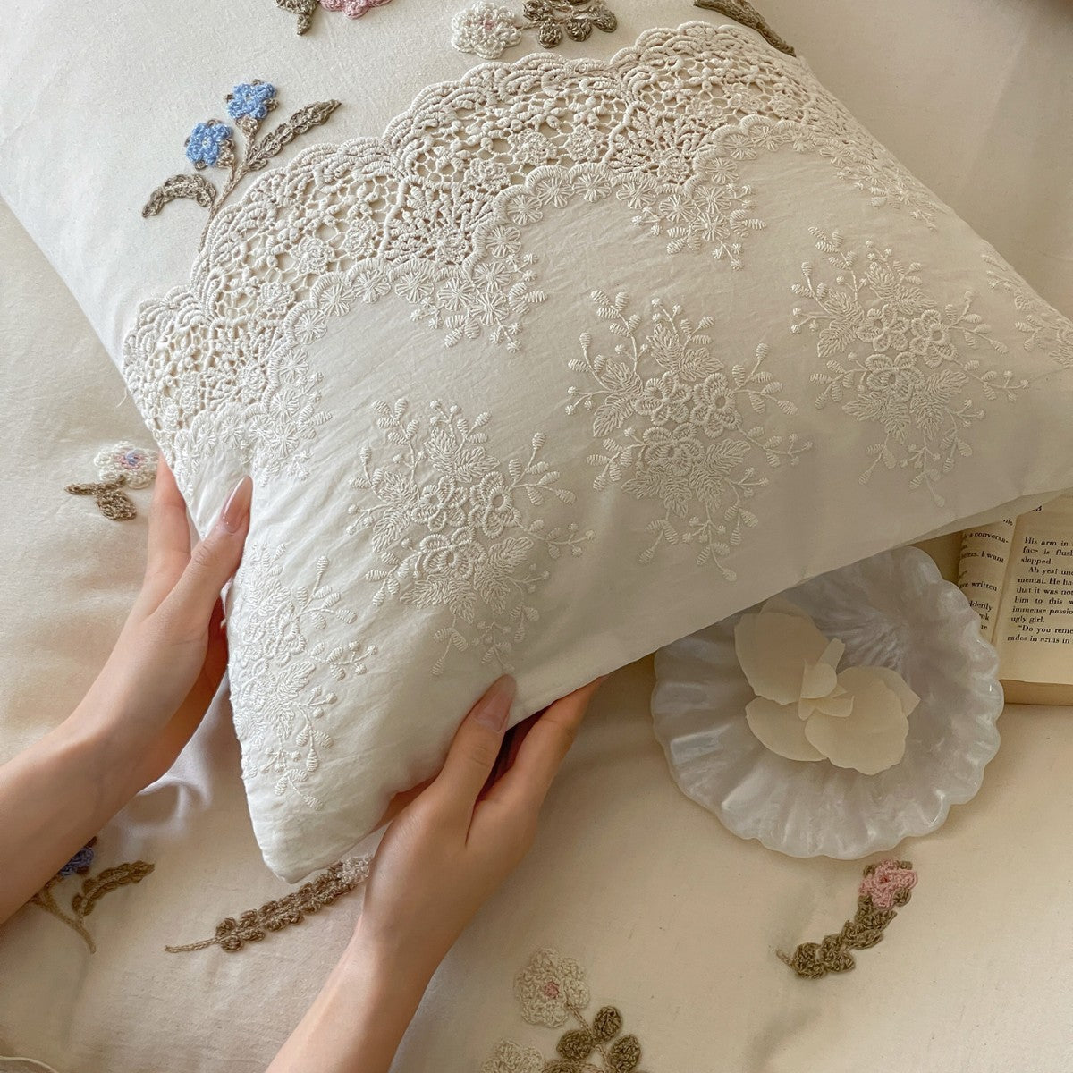 Embroidered cotton satin bedding set with lace trim