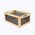 Wood storage box with decorative mesh elements