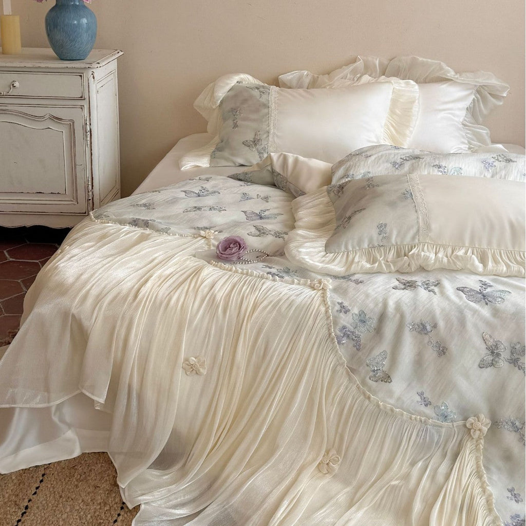 Romantic cotton bedding set with chiffon ruffle, embroidered butterflies and bed skirt Bowlift