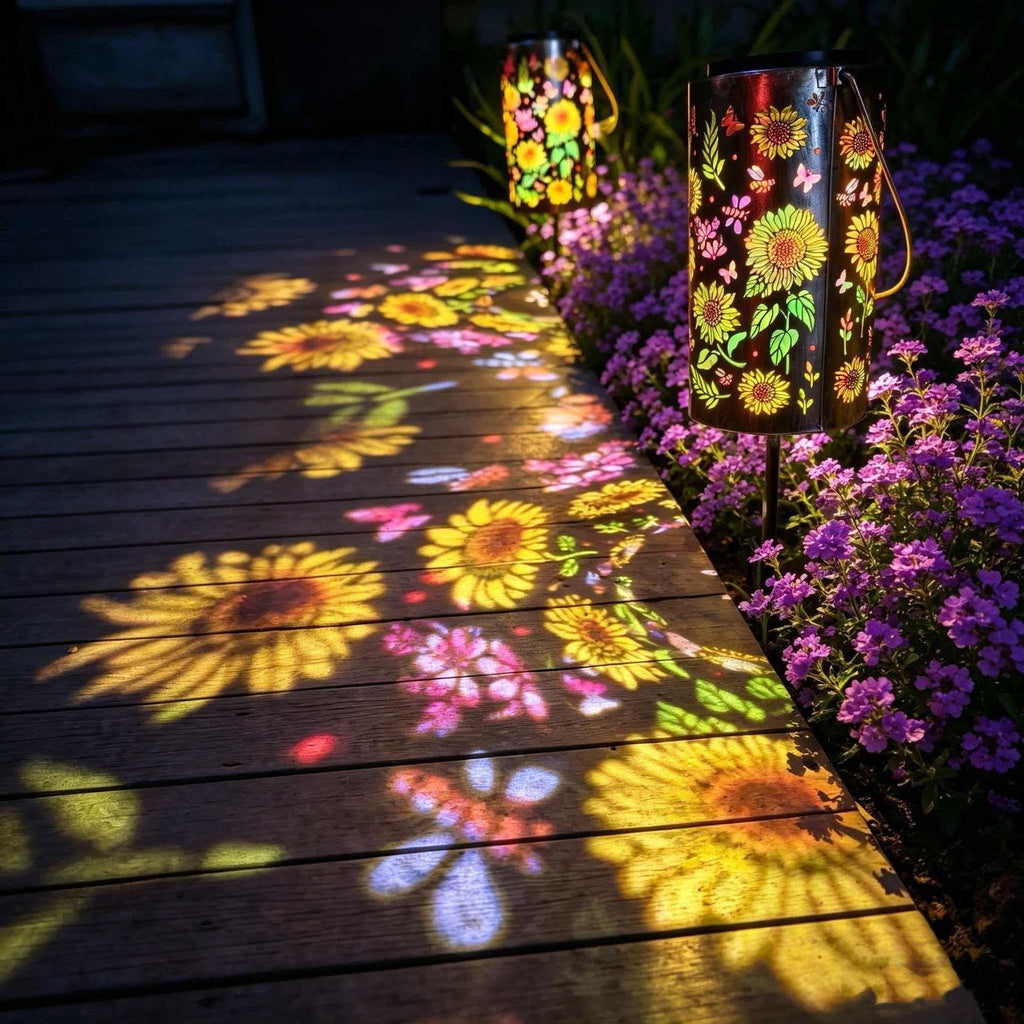 Solar Projection Lantern With Sunflower Floral Metal Cylinder And Hanging Handle Siopsrl