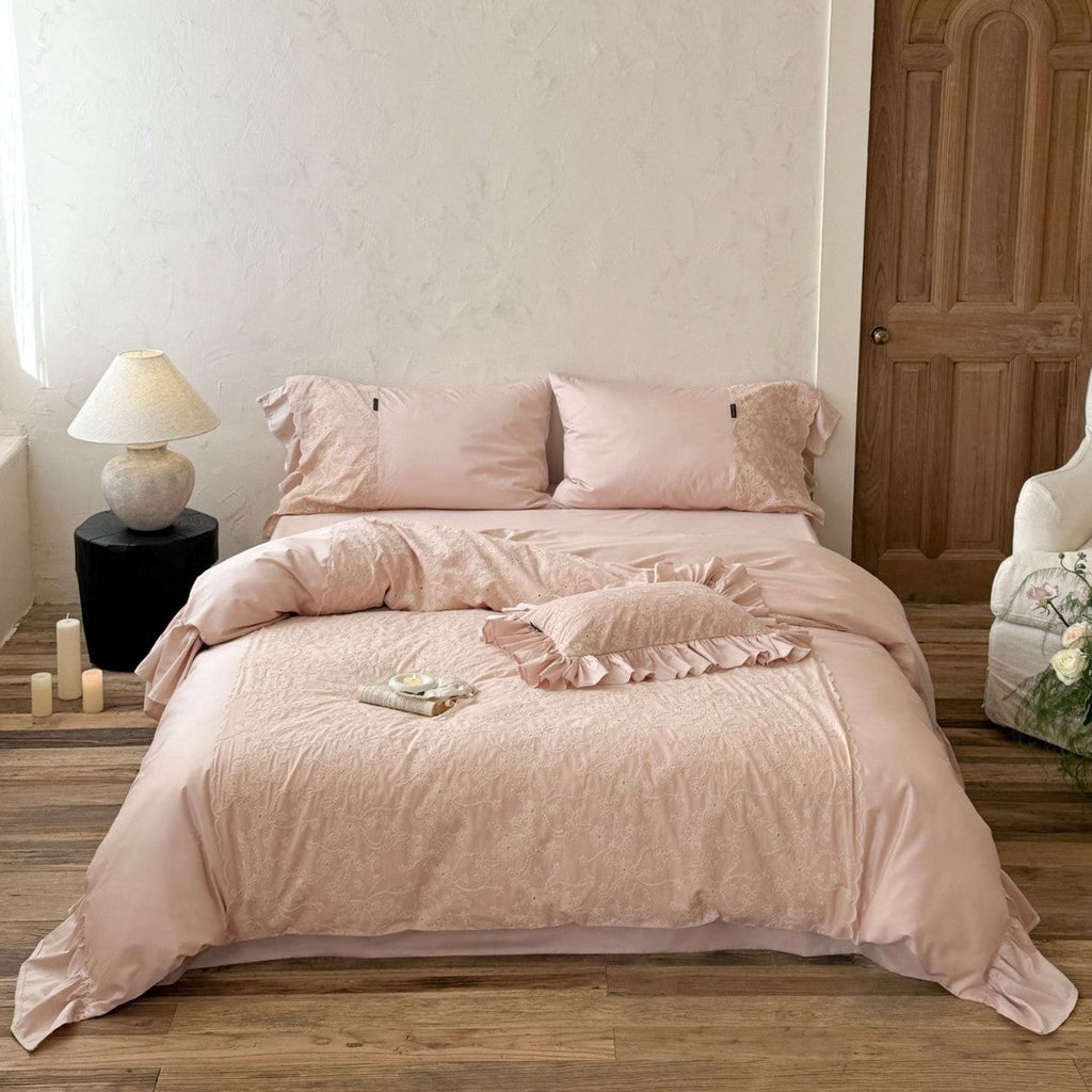 Romantic satin bedding set with lace trim and ruffled pillow Bowlift