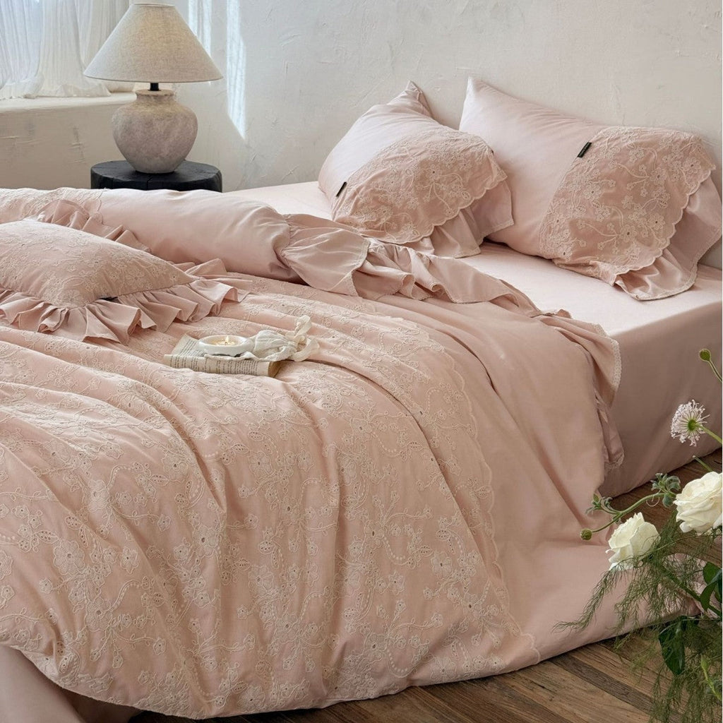 Romantic satin bedding set with lace trim and ruffled pillow Bowlift