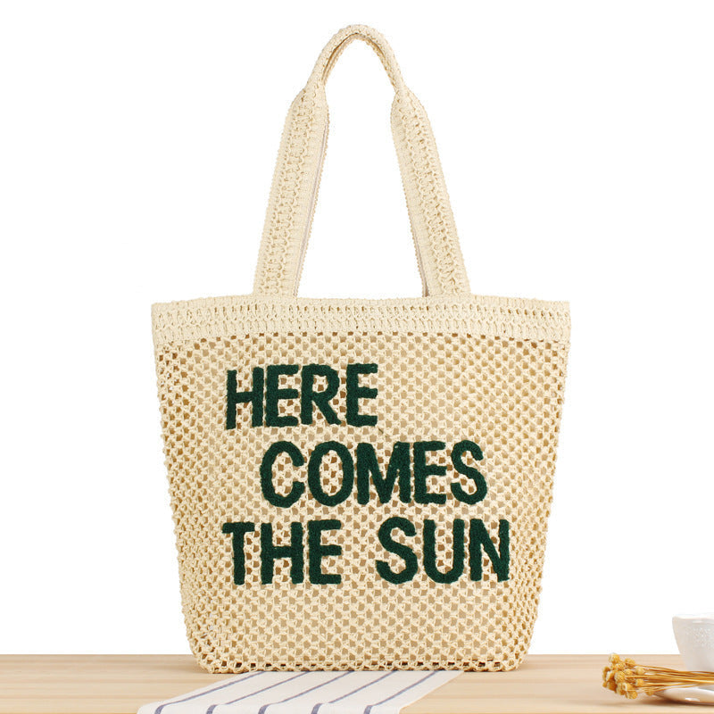 Hand-knotted basket bag with colorful lettering Siopsrl