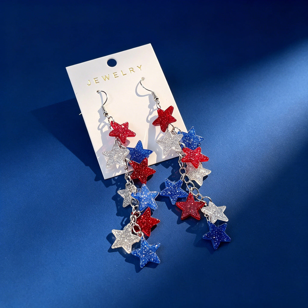 Women's long statement earrings with multi-layered star pendants and fishhook clasp Siopsrl