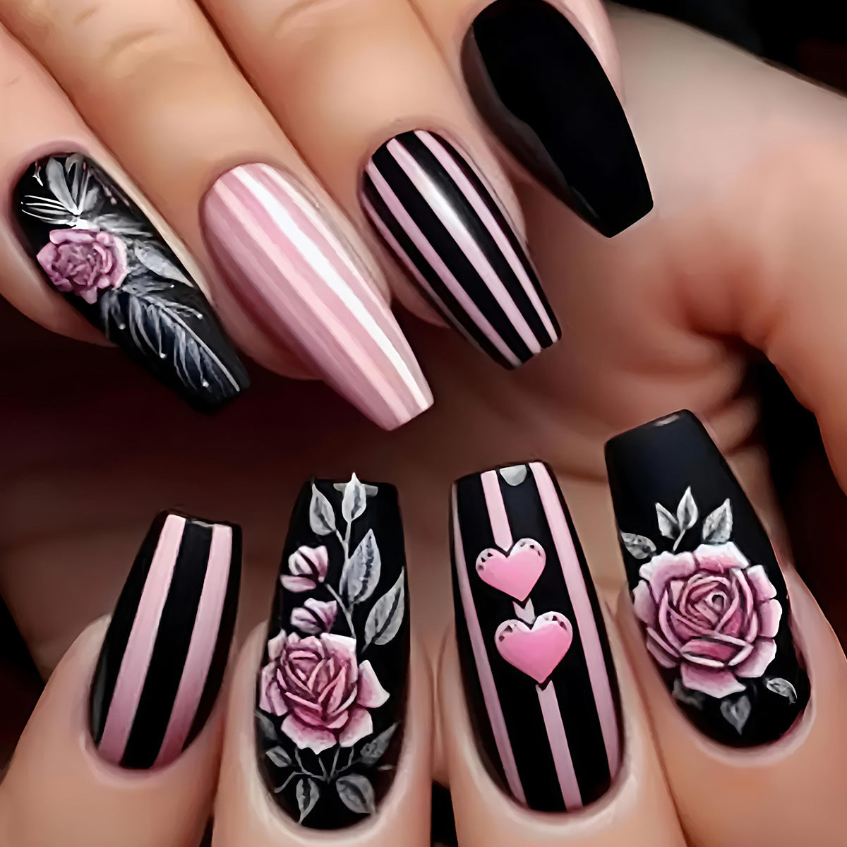 Siopsrl | Artificial nails with romantic roses and heart designs Siopsrl