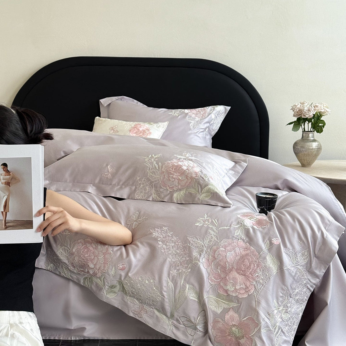 Luxurious satin bedding set with floral embroidery and silk-soft finish Bowlift