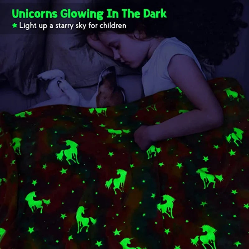 Siopsrl| StellaLumi | Glowing Unicorn Blanket | Cozy & Magical | Glow-in-the-Dark Stars & Hearts | Gift for Kids & Adults