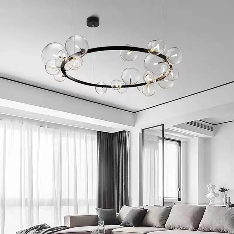 Siopsrl| Modern Creative Metal Chandelier Lighting: 7/10 Clear Glass Bubbles, Long Round Design with G9 Light Fixture